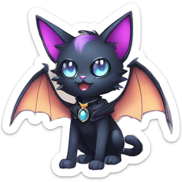   cool edgy beautiful anime-style ethereal dark-punk-themed animal vampiric cat-hybrid Fakemon with fangs and bat-wing-ears with a collar full body sticker