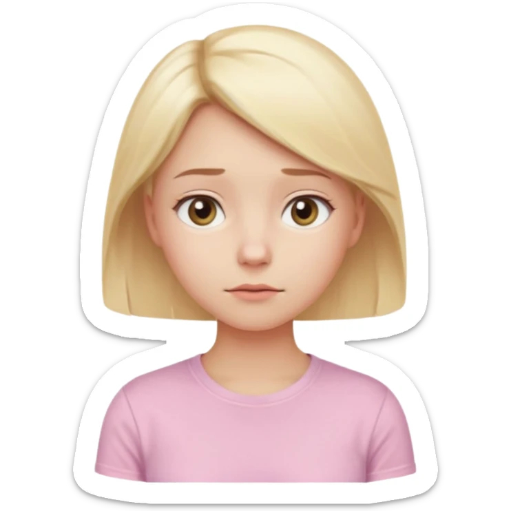 A cute emoji-style girl with light blonde hair and a soft pink t-shirt, looking thoughtfully into the distance, gentle expression, slightly furrowed brows, dreamy eyes, clean white background, simple and smooth vector-like design, pastel tones, 2D flat illustration, high clarity, emoji aesthetic sticker