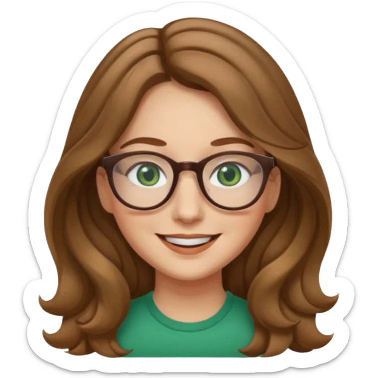 long wavy light brown hair woman with green eyes and glasses smiling closed mouth. middle part hair. medium thick eye brows sticker