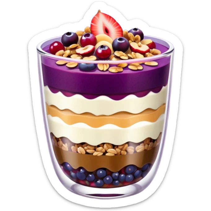 Açaí in a clear cup with layers of fruits and granola and condensed milk sticker