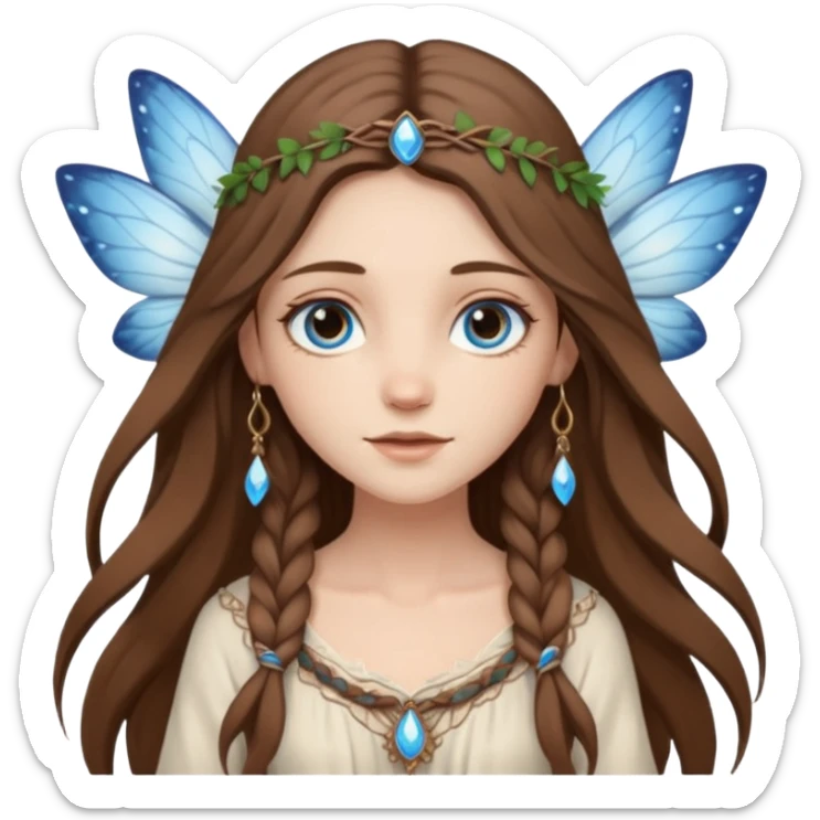 Boho chic fairy with long brown hair and wearing white and earthy tone clothing with blue eyes  sticker