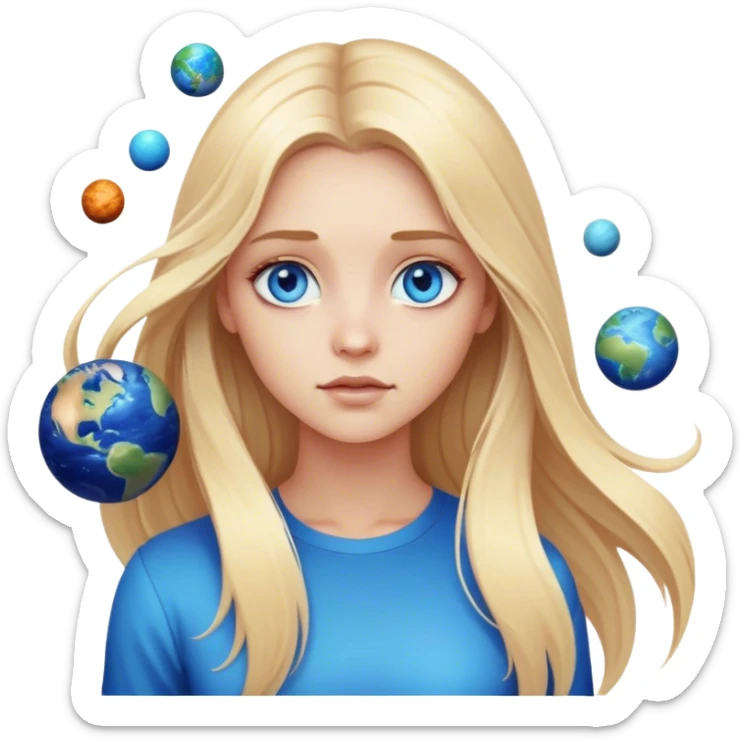 A cinematic realistic blonde with long hair and blue eyes stands and watches the planets rotate sticker