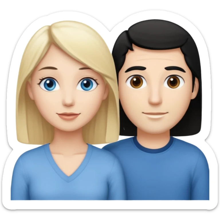 Blond woman with blue eyes on left. And a Man with black hair and grey eyecolor in the middle. And a blank woman with brown hair and grey eyes on the right. Happy together sticker