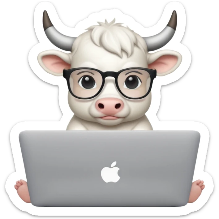 baby white bull in fancy glasses sitting in front of a macbook, working  sticker