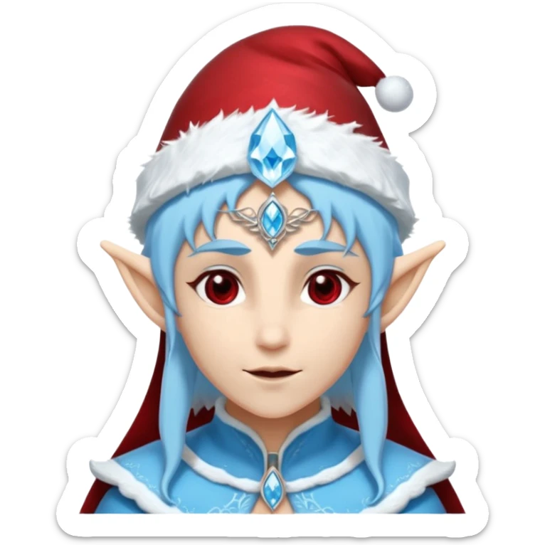 Fantasy elf portrait emoji, Santa Claus hat with icy frost edges, thin icy crystal crown with deep red accents under the hat, elegant elven features, cold noble winter expression, icy blue and crimson color palette, minimal clean design, flat readable emoji style, male/female variant
 sticker