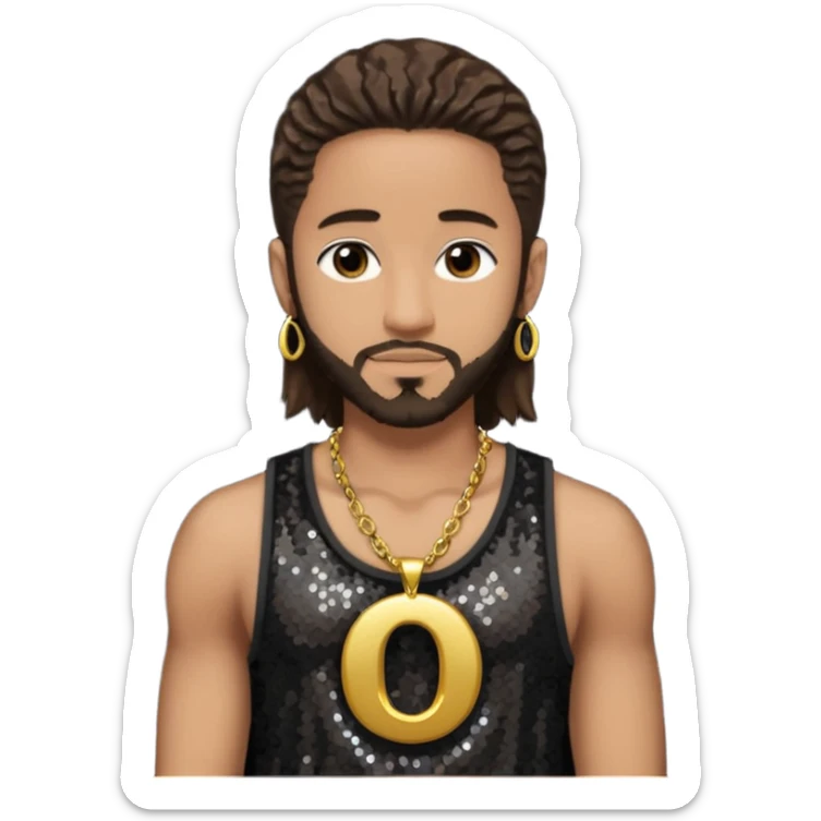 Omarion with long dark brown hair, dark brown sequin tank top, necklace with letter o sticker
