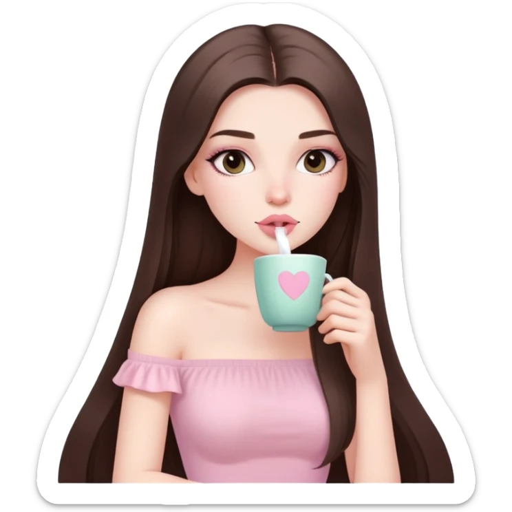 sexy pale girl, very full lips, long straight brunette hair, long lashes, pastel pink tube top, sipping tea  sticker