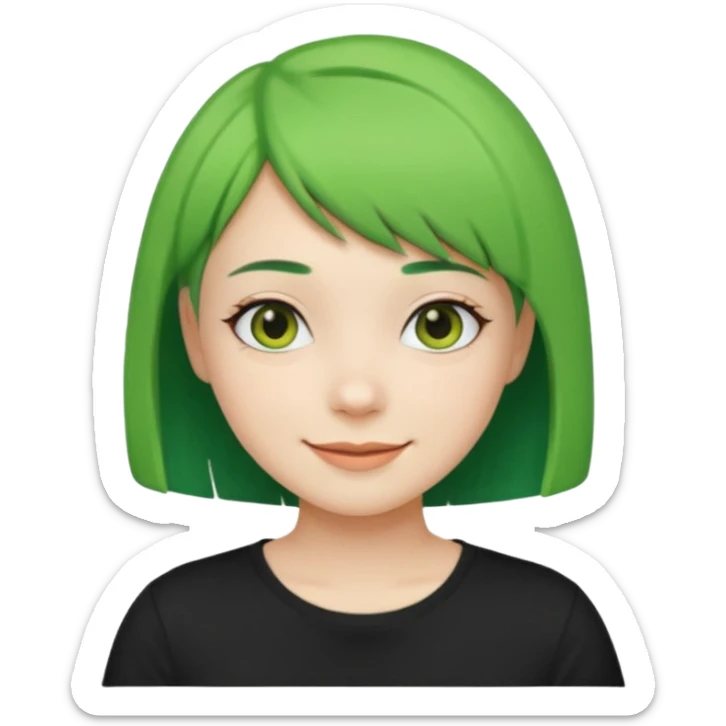 Girl with green Bob Cut – short green hair, cheerful smile, black t-shirt sticker