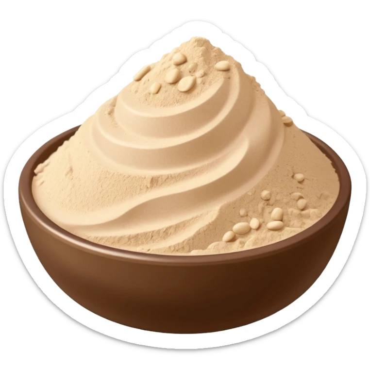 small heap of finely milled beige or light tan protein powder with smooth fluffy texture and slightly uneven surface, optional scoop partly buried, no shaker jar or branding, soft lighting, subtle shadows, emoji scale sticker