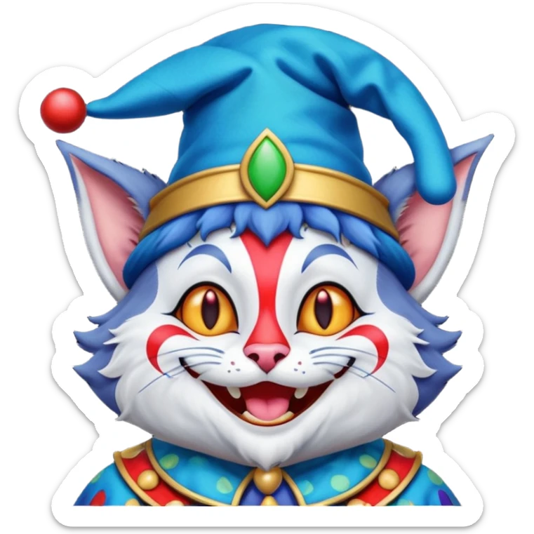 crazy colorful cute little cat jolly joker from poker, medieval, vintage, court jester, mac os icon, blue color sticker