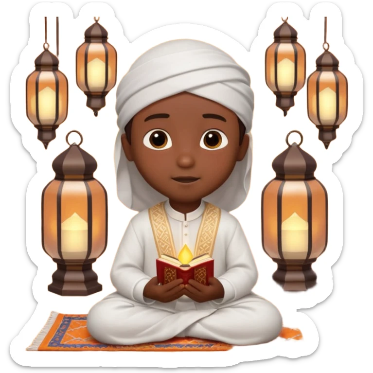 Personnage 3D mignon en style Pixar, un petit garçon portant un qamis blanc et un kufi, tenant un tapis de prière, entouré de lanternes brillantes, fond doux, couleurs chaudes, garçon teint noir sticker
