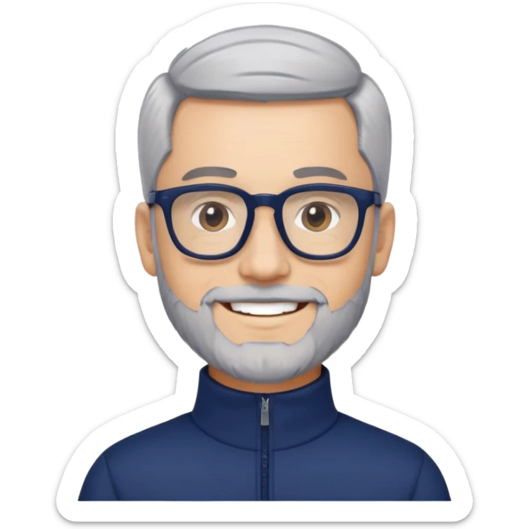 Smiling man with light skin, short black hair, gray beard, black glasses, wearing a navy blue athletic zip-neck long sleeve shirt sticker