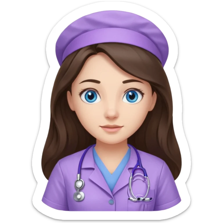 pretty brunette nurse with long hair and blue eyes in lilac scrubs sticker