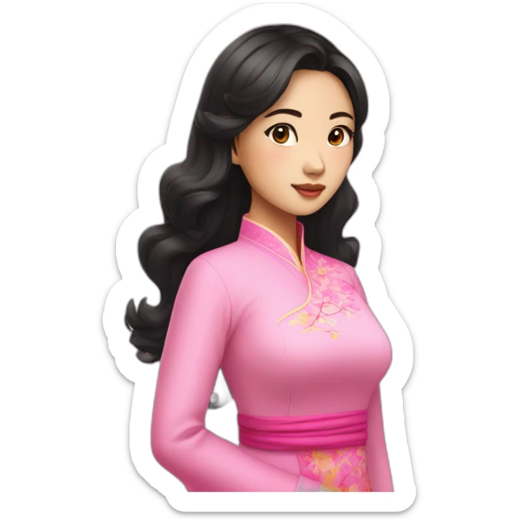 attractive asian girl with wavy black hair posing with pink ao dai full body sticker