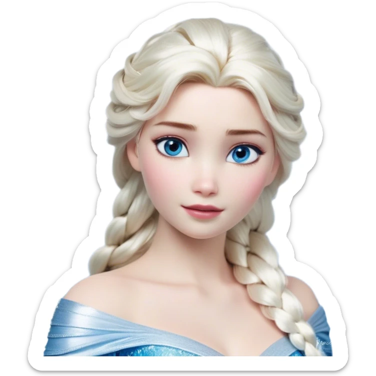Cinematic Realistic Elsa Portrait, depicted with lifelike skin texture, soft natural lighting, and intricately detailed platinum blonde hair styled elegantly. Her striking, expressive blue eyes exude confidence and grace, complemented by a serene and regal expression. She is dressed in her signature icy attire, with shimmering fabric textures and delicate folds that catch the light beautifully. The portrait features a soft, enchanting glow with a cool, radiant finish, capturing the essence of timeless elegance in a realistic and painterly style, evoking a sense of depth and authenticity. sticker
