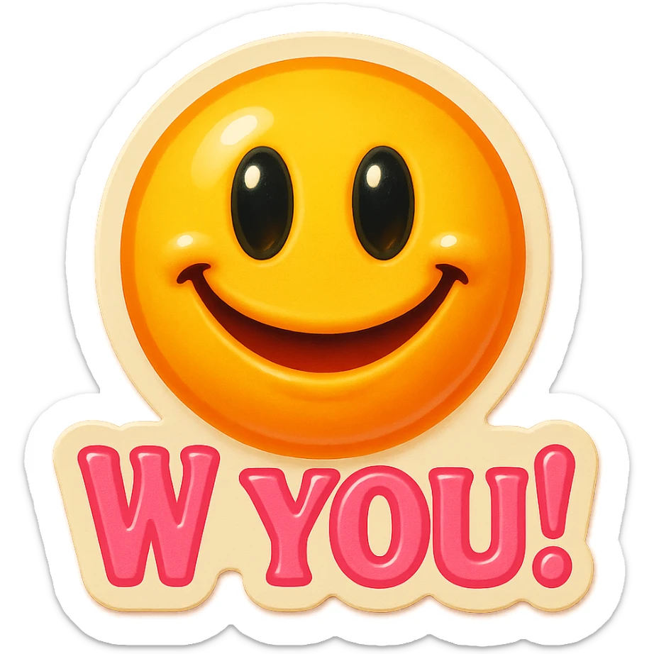 excited smile with mouth closed 
add the words W You! in pink sticker