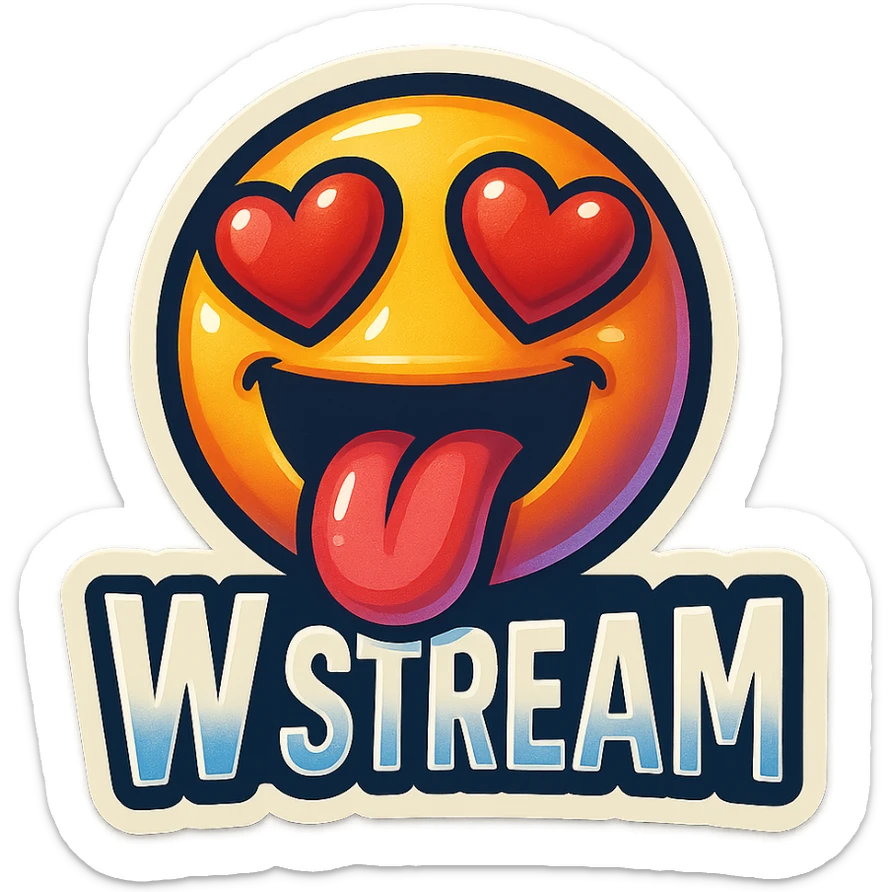 mouth open with tongue out heart shaped eye add the words “ W Stream " in White sticker