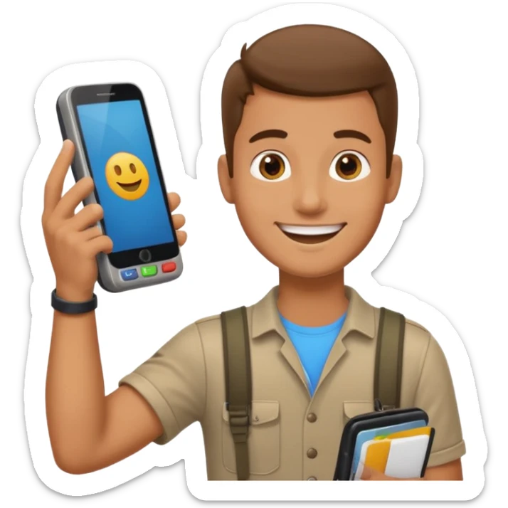 Draw a male tourist who pointed his phone to scan a QR code at a POS terminal. In the style of an Apple emoji sticker