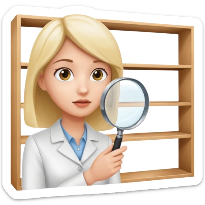 emoji of white empty shelf in perspective view with a standing woman nearby, she is looking at the shelfs with a magnifying glass sticker
