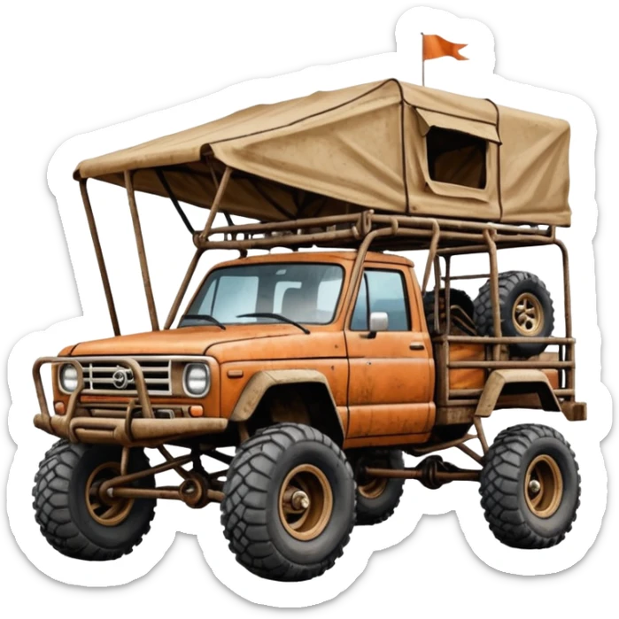 Off road Race truck whose frame and detailed suspension is made of shopping cart material with padded roll cage, roof rack, winch, and antique style handmade bodywork (survivalist style) sticker