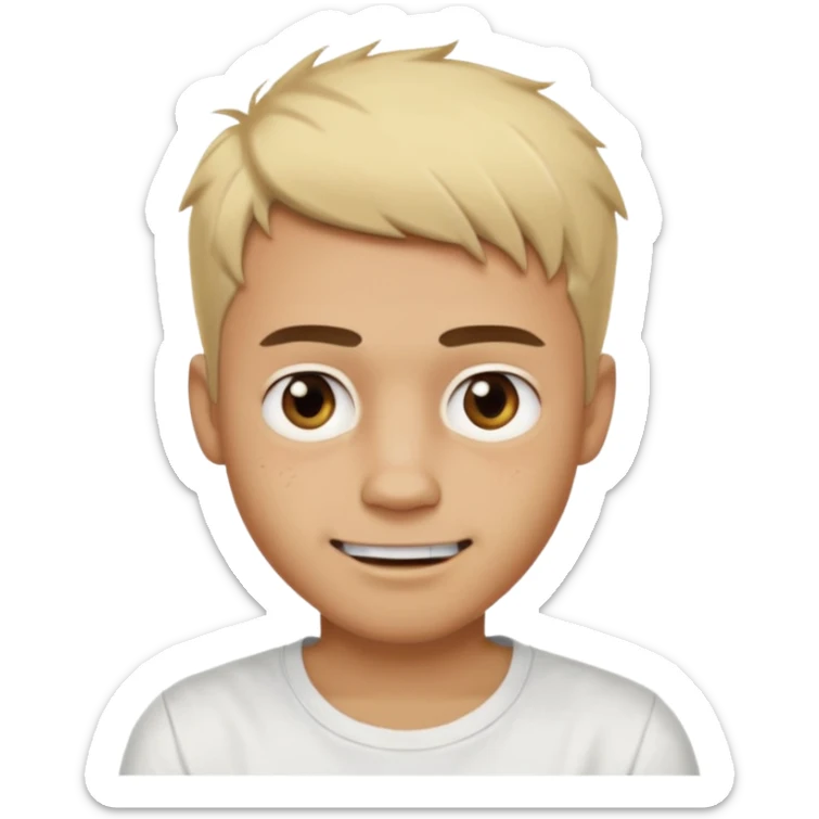 Male with short, messy blonde buzzstyle hair, large expressive golden-brown eyes, brown skin, subtle facial bruises and scratches, crooked smile showing slightly damaged teeth, wearing a plain white t-shirt. sticker