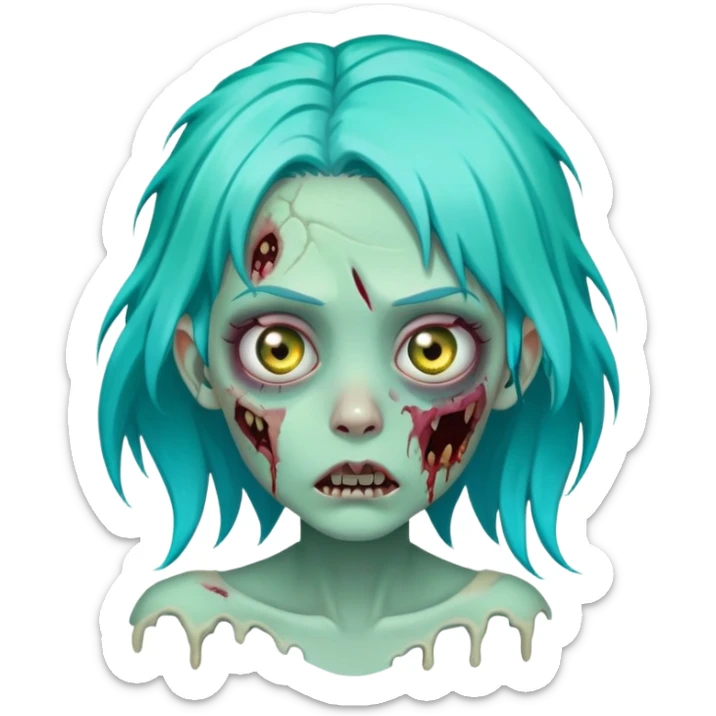 female zombie with bright turquoise hair, rotting skin, sunken eyes, cute but scary sticker