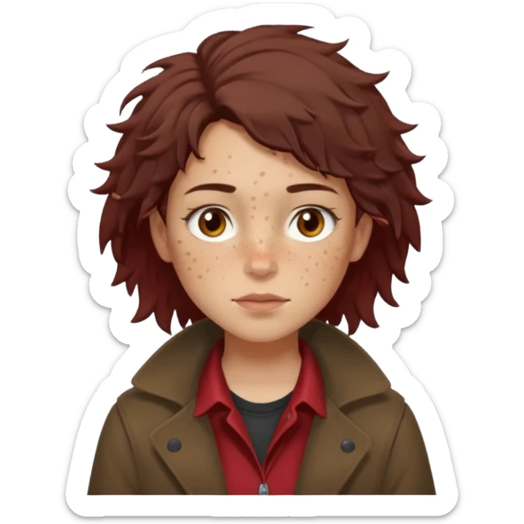 Hobo tomboy with light skin, freckles, dark brown shoulder-length hair in a messy style, brown eyes, dark brown coat, dull red shirt. sticker