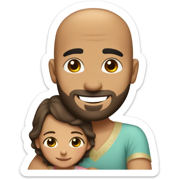 Brown-haired Puerto Rican woman with dark brown eyes wearing a cute blouse giving a comforting hug to a short, bald man with brown eyes, laugh lines, and a beard sticker