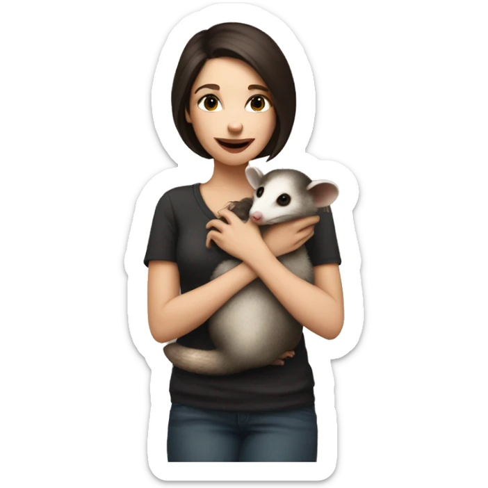 White woman dark brown hair holding and kissing opossum sticker