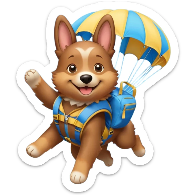 A cheerful cartoon dog wearing a parachute pack, mid-air with a parachute open above, smiling with ears flapping in the wind, surrounded by fluffy clouds and a bright blue sky. sticker