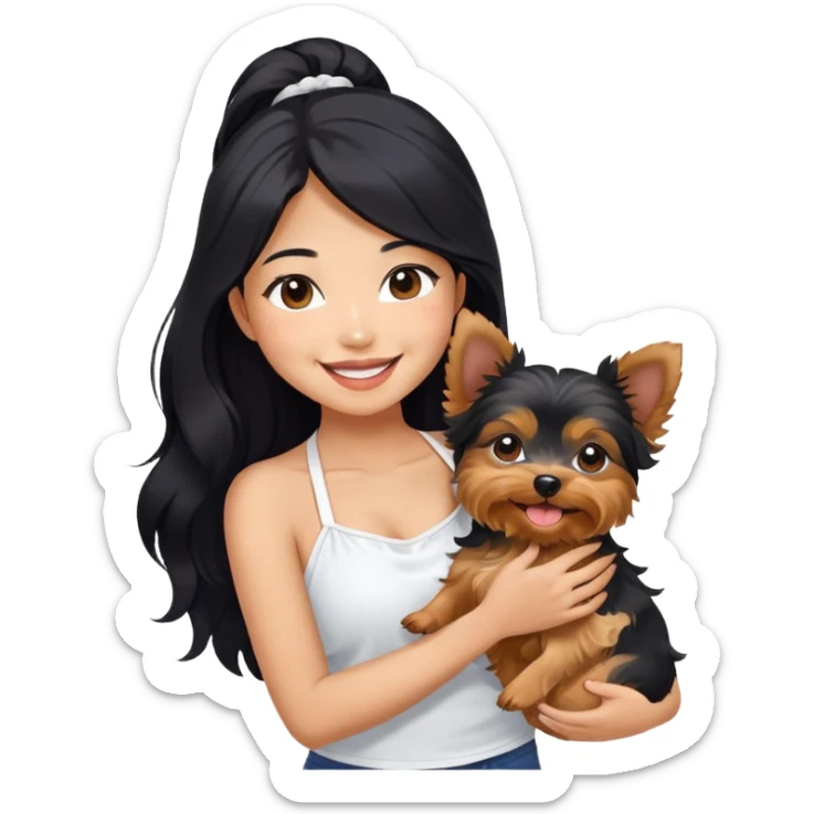 Pretty Asian girl with long, luscious wavy black hair, wearing a cute sleeveless white halter top, smiling warmly while carrying a Yorkshire Terrier in her arms sticker