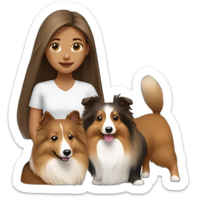 yong woman with light-broun straight hair holds a sable sheltie and bi-black sheltie sticker