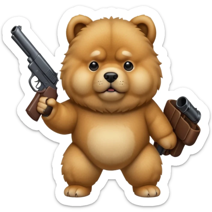 Funny realistic-style chow chow dog with light fur standing on its hind legs and holding a gun menacingly sticker