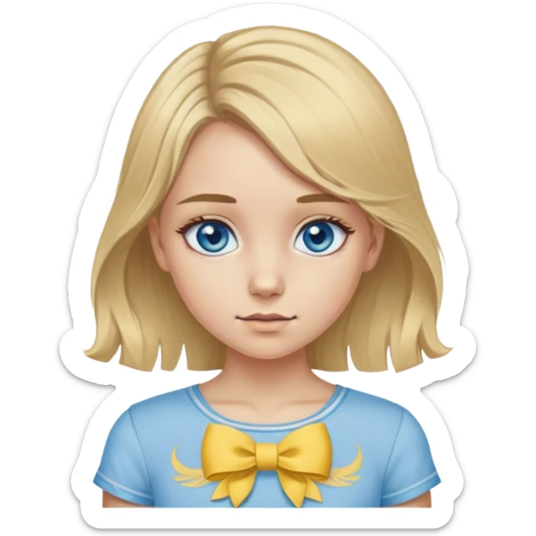 A girl with fair complexion, dirty blonde hair and ocean blue eyes with yellow surrounding the pupils, wearing a light grey waist length top with a small embroidered bow near the top sticker