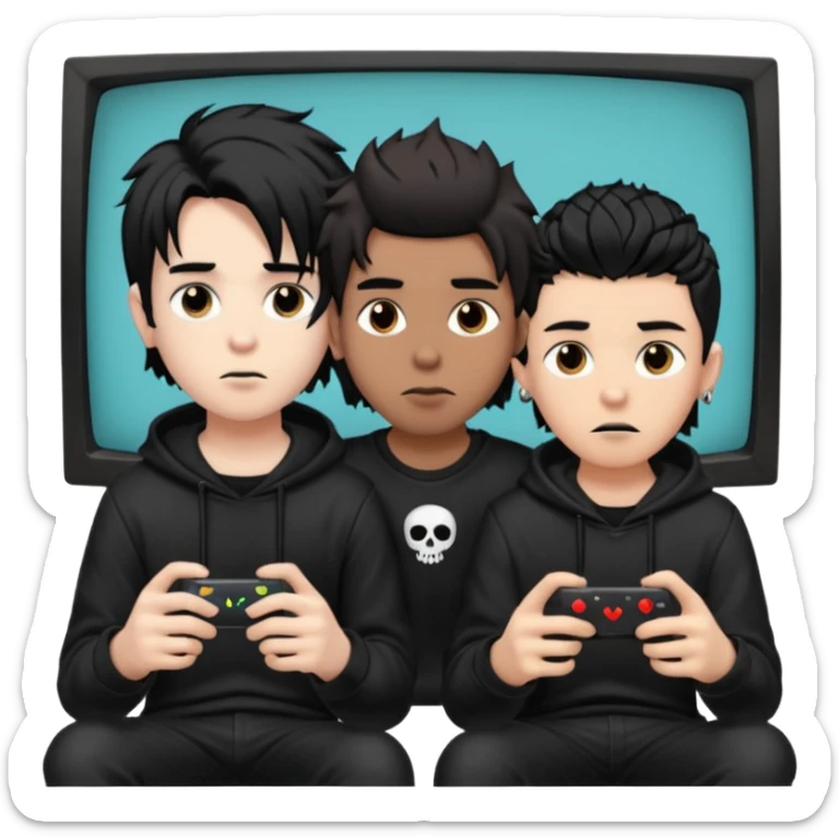 pale Goth boy with a bunch of face piercings, with shaggy dark brown hair, next to a tan skin gamer boy with long black hair , they are watching tv together  sticker