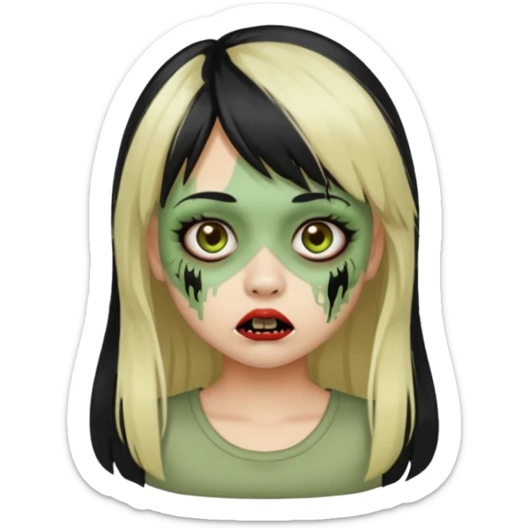 Girl with black hair and raccoon blonde streaks, bangs, light skin, zombie version, pale green skin, emoji style. sticker