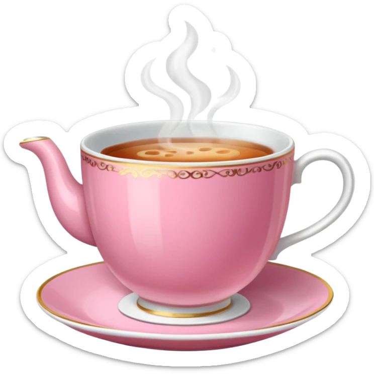 An emoji of a steaming hot cup of tea. The cup should be pink, the tea should be breakfast tea colours and the background should be transparent sticker