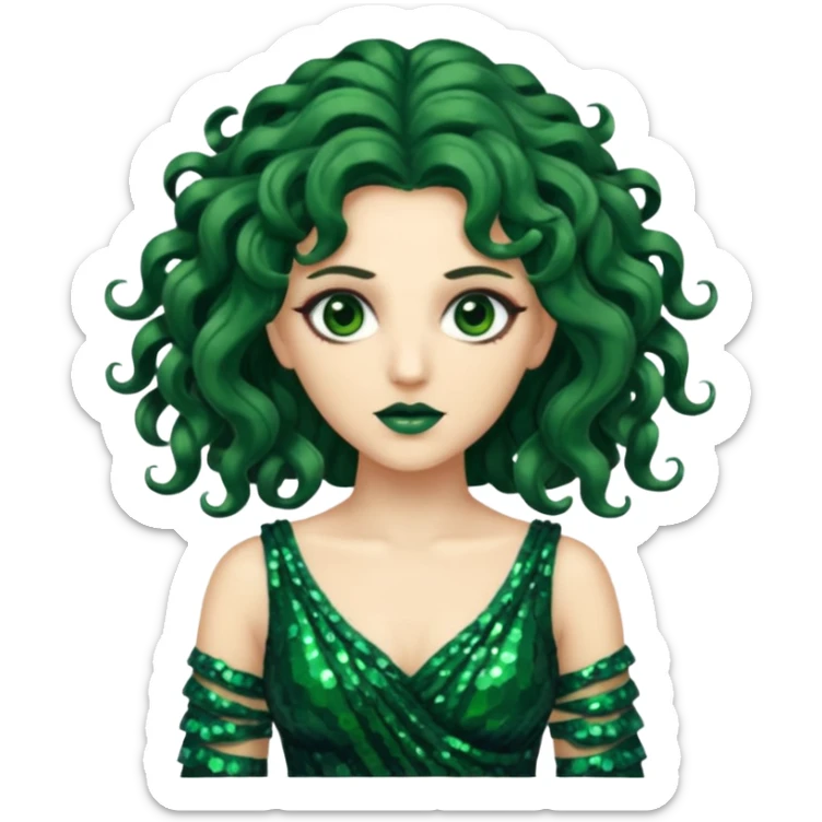 Medusa from Greek Mythology with long dark green wavy hair, green sequin dress sticker