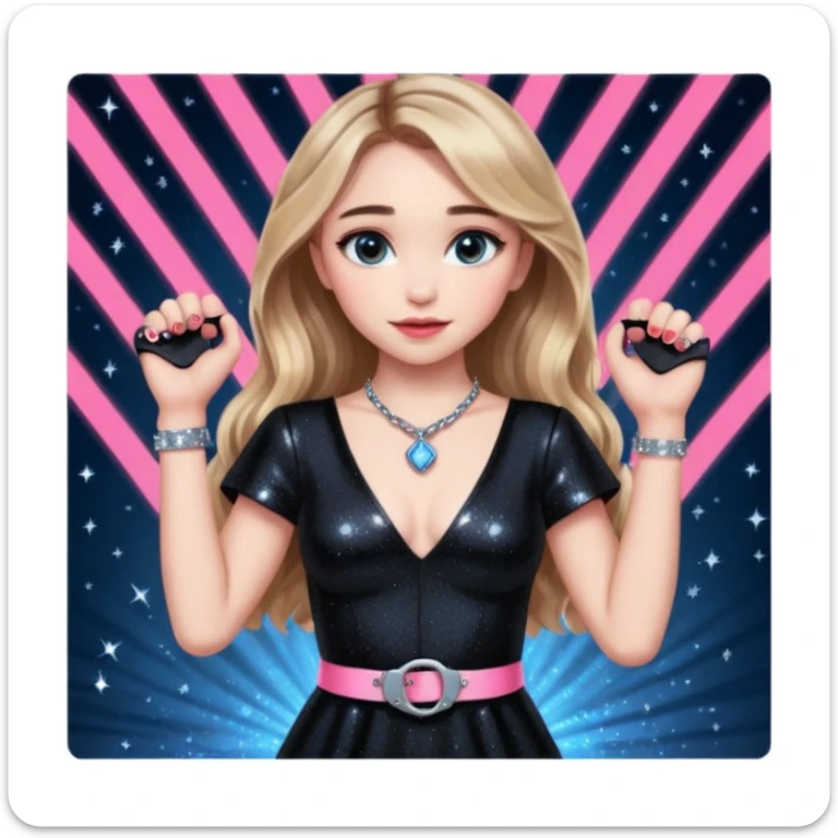 Sabrina carpenter at concert wearing a black sparkly dress with a silver sparkle v neck she is holding up pink handcuffs towards audience and kneeling, blue and red lights setting  sticker