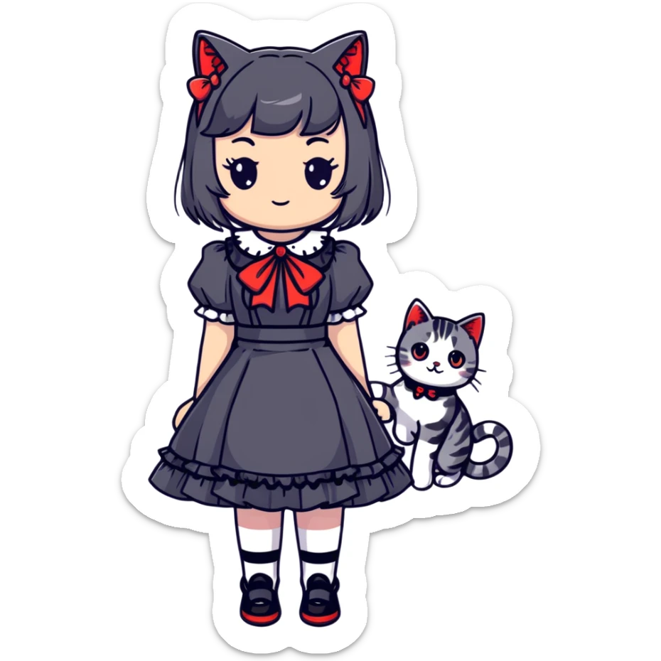 girl wearing black Lolita style dress, with medium-length black hair with red tips, and a gray American Shorthair tabby cat sticker