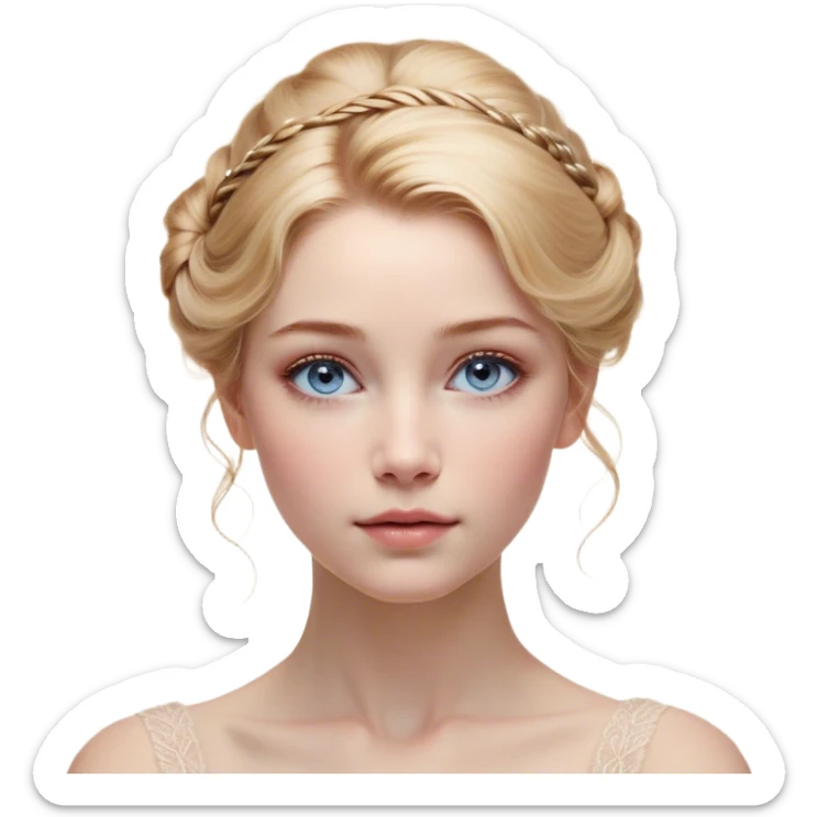 Cinematic Realistic Cinderella Portrait, depicted with lifelike skin texture, subtle rosy undertones, and soft natural lighting that enhances the gentle contours of her face. Her intricately detailed golden blonde hair is elegantly styled in an updo, with delicate wisps framing her face. Her deep, expressive blue eyes radiate warmth and sincerity, reflecting a quiet resilience and grace. She holds a glass slipper gently in one hand, her other hand resting gracefully at her side, emphasizing the timeless beauty of the moment. She is dressed in her iconic ball gown, the fabric shimmering with intricate embroidery and fine translucent layers that catch the light beautifully. The soft sheen of satin gloves adds a magical touch to her graceful pose. The portrait features an enchanting glow with a natural, luminous finish, seamlessly blending realism and fairytale charm to evoke a sense of depth, elegance, and timeless beauty. sticker