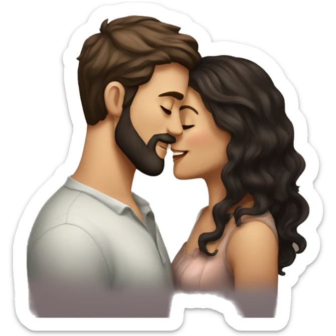 Beautiful fair woman with dark long wavy hair kissing tall handsome fair man with dark beard and short wavy hair sticker