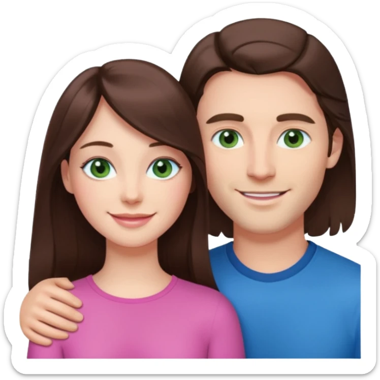 pink polaroid photo of a couple thats white with long brunette hair blue eyes and a white guy with short brunette hair and green eyes sticker