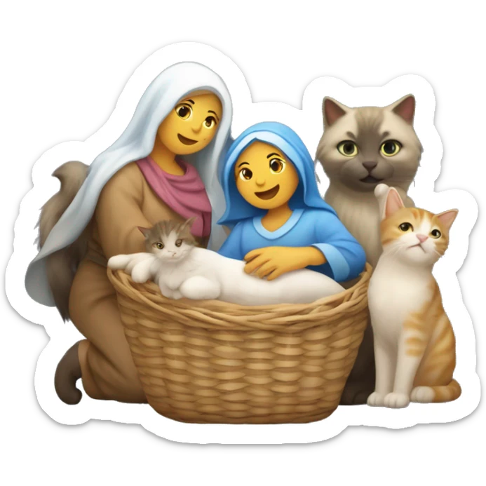 Christmas nativity scene with a star of Bethlehem and 1 mother cat and 5 kittens in a basket with no humans sticker