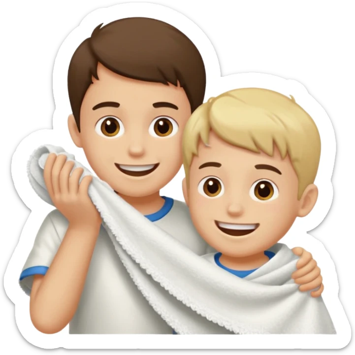 un niño pequeño y un hombre jugando al juego de tirar la soga, en vez de soga una toalla blanca sticker