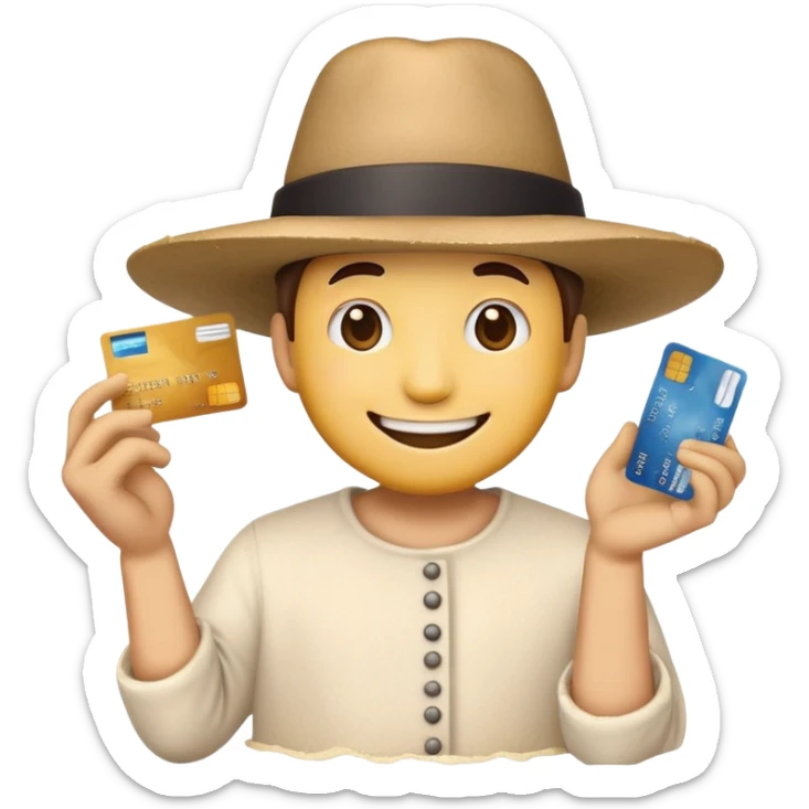 emoji wearing a round hat with credit card in his hand and flour on the right sticker