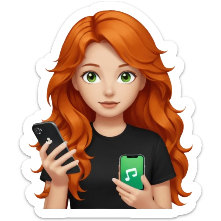 Girl with dark long orange wavy hair, green eyes, and black t-shirt and phone with tiktok app on hands sticker