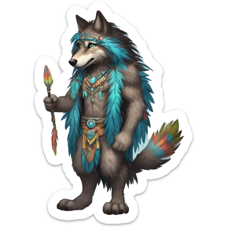 Anthro Fluffy Colorful Shy Spiritual Shamanic WereWolf-sona With Shiny Tribal Markings wearing feathers Full Body Detailed High Quality sticker