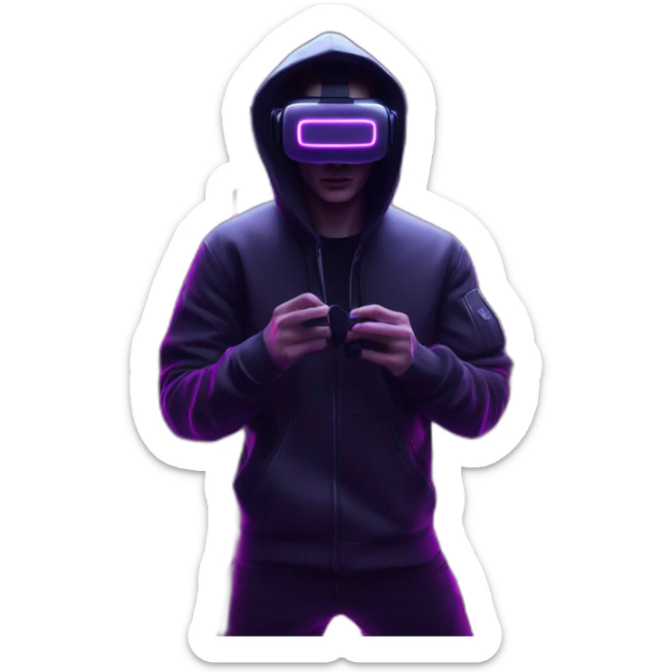 Russian young man wearing a black hoodie with "OMG" letters on it and VR headset in a cyberpunk VR environment with violet neon lighting. sticker