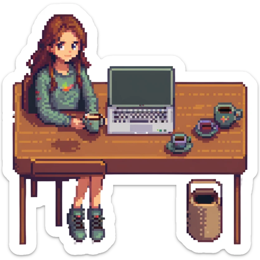 girl at desk with MacBook, coffee cup nearby, cozy atmosphere, pixel art style sticker